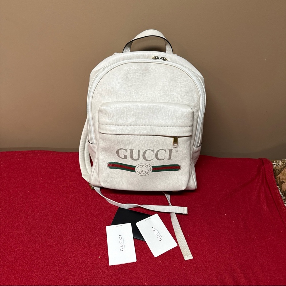 Gucci Web Logo Cripto Print Leather Ecru Color Authentic Women (Unisex) Backpack